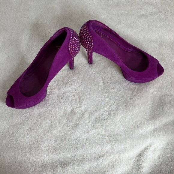 Brian Atwood Purple Suede Peep-Toe Platform Heels Rhinestone Stiletto Size 8 - Picture 2 of 8